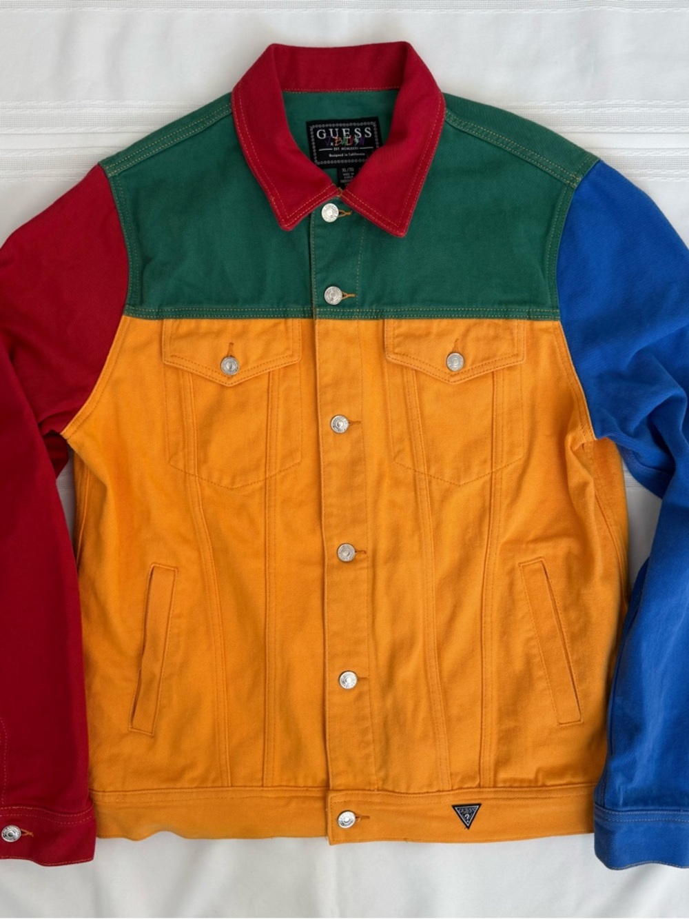 GUESS Multicolor Colorblock Cotton Trucker Jacket - Red/Green/Yellow/Blue